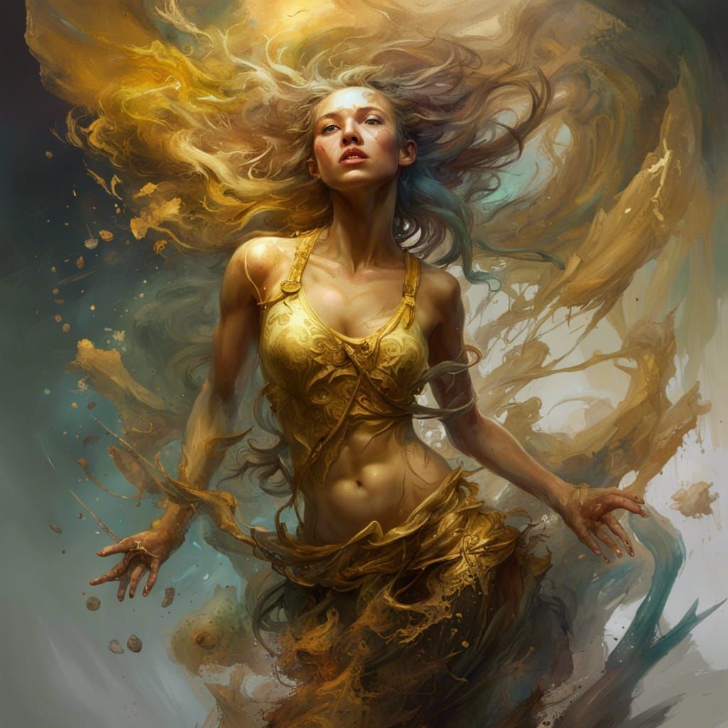 Golden Wild Girl with Torn Clothes in Mystic Fog
