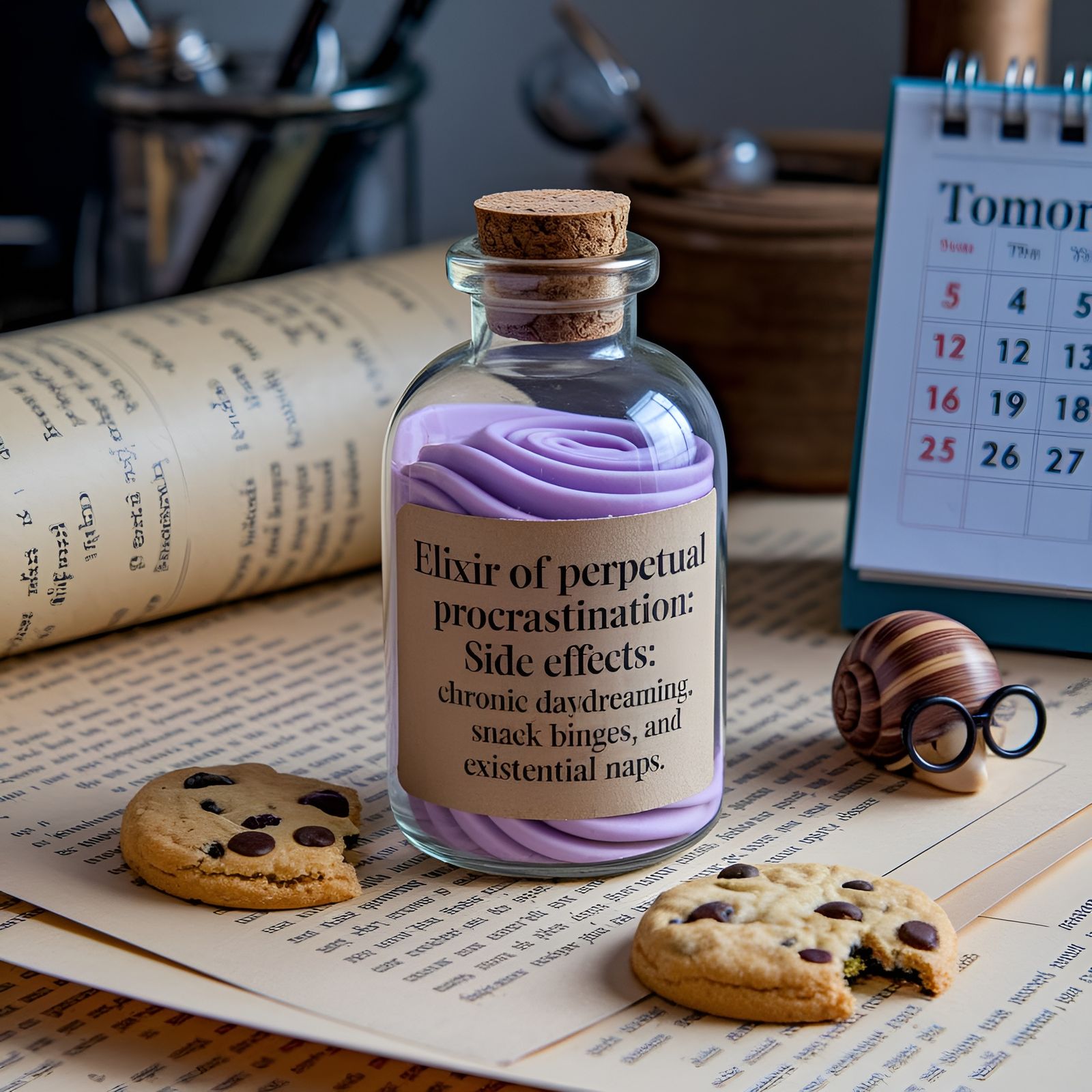 Elixir of Perpetual Procrastination: A Whimsical Still Life