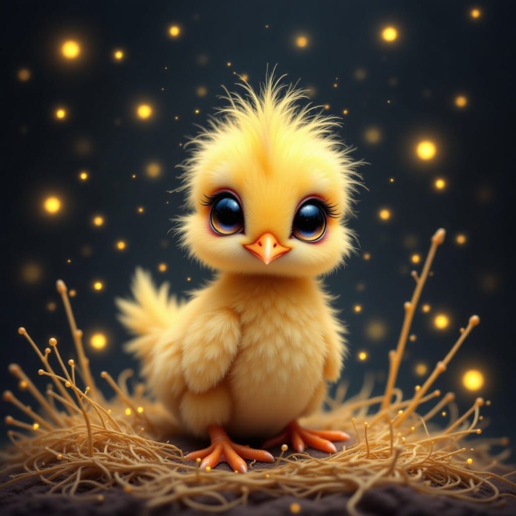 Adorable Baby Chicken in Mystical Setting as Illustration