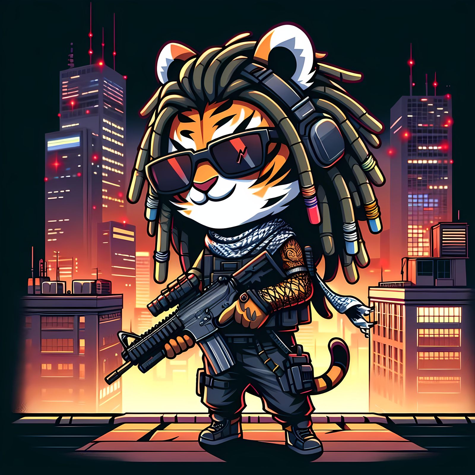 Cool Chibi Tiger with Rifle in Burning City