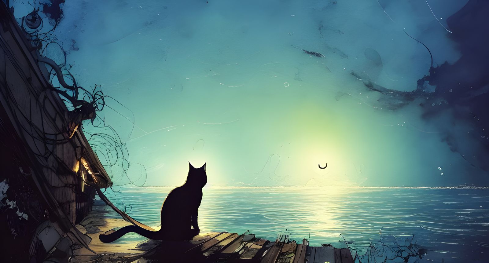Cat and Ocean at Night: Digital Illustration