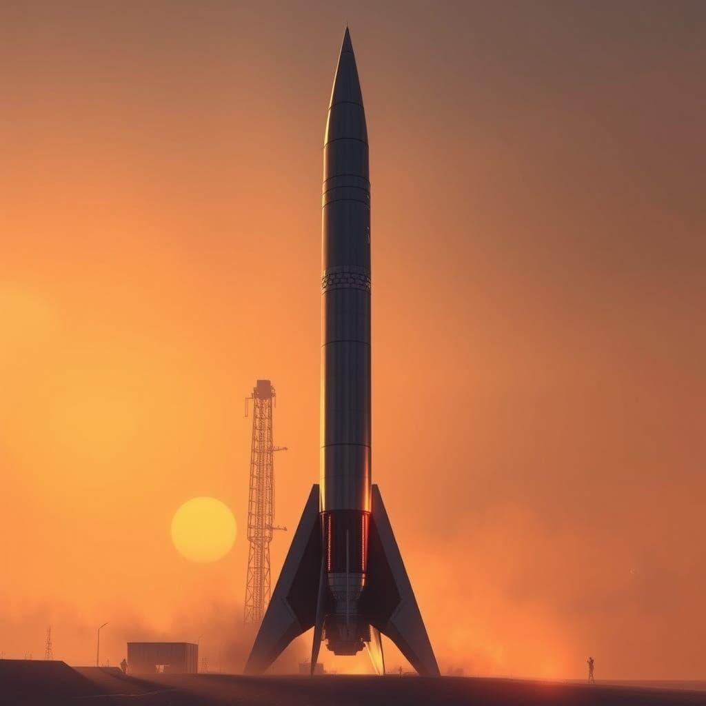 Retrofuturistic V2 Rocket Silhouette at Sunset
