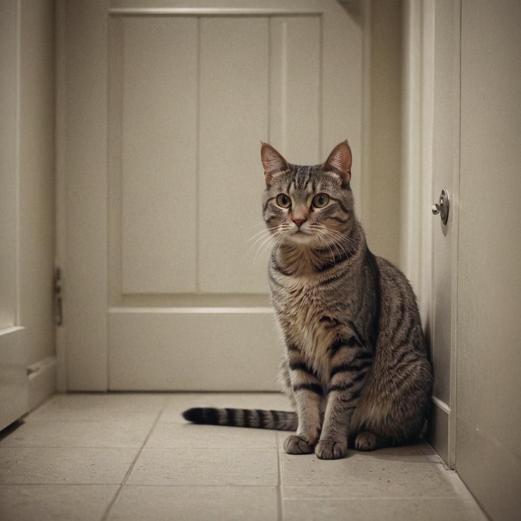 Grey Tabby Cat Waiting Outside Bathroom Door