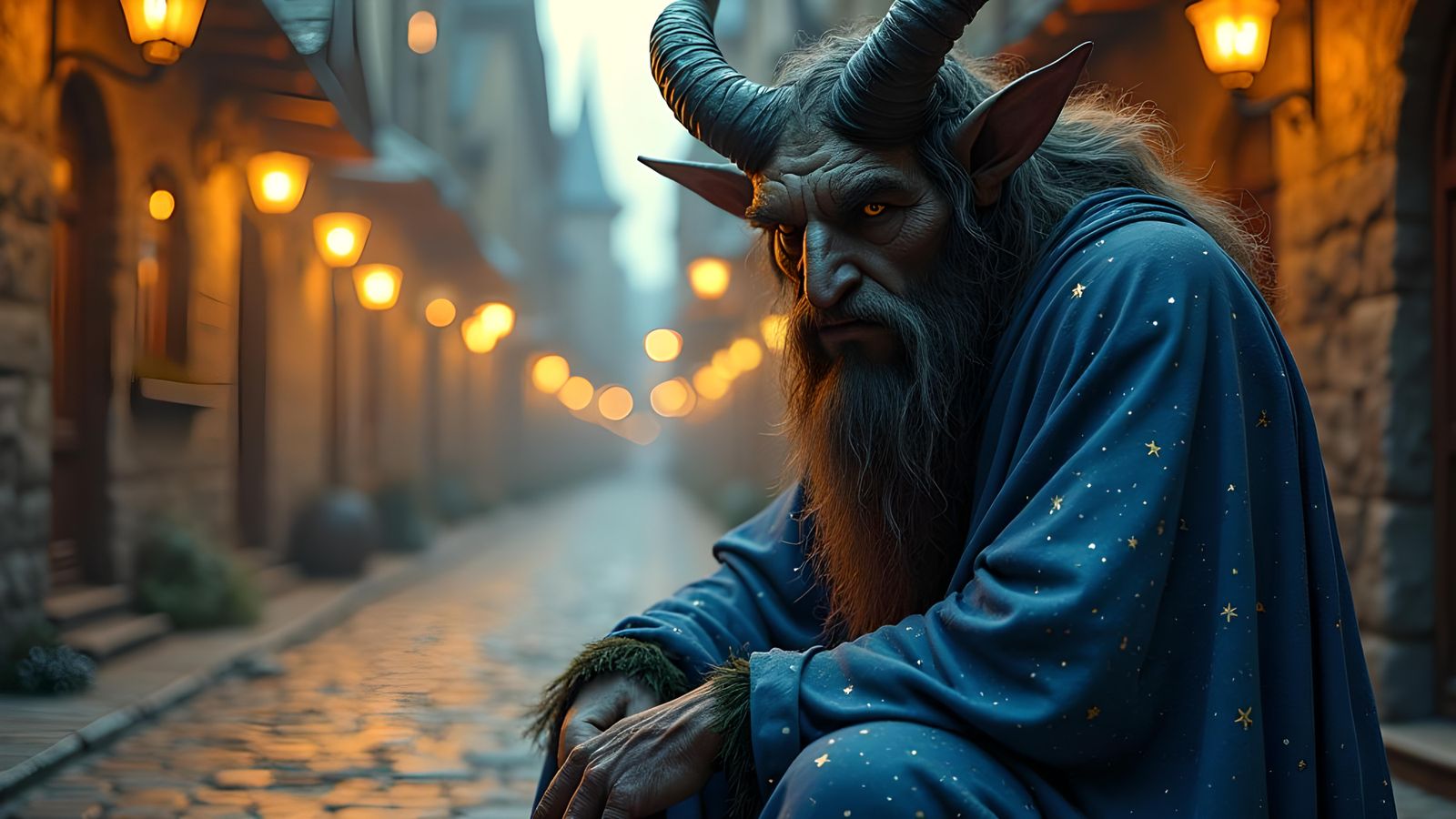 Fierce Satyr Wizard on Medieval Street, Detailed Rendering