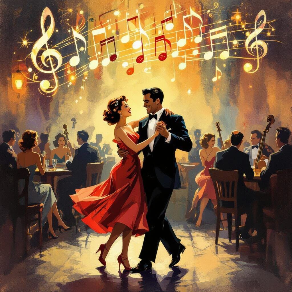1950s Jazz Club Dance Scene with Swirling Music Notes