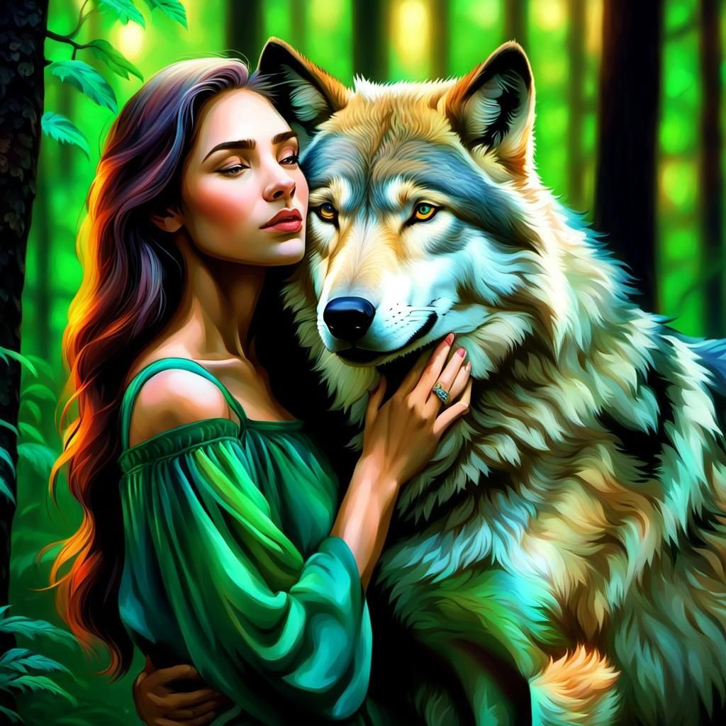 Woman Embraces Wolf in Forest Oil Painting
