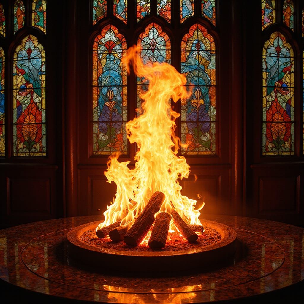 Flame in Stained Glass Mosaic Window, High Contrast