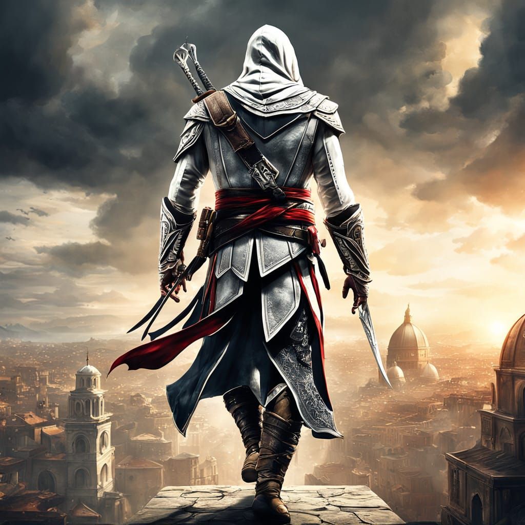 Ezio Auditore Unveiled in Dark Fantasy Landscape