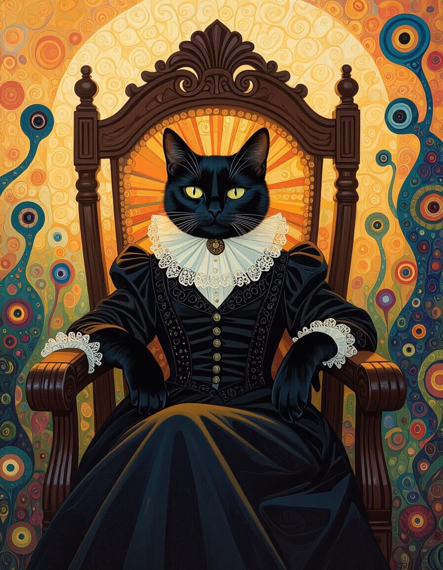 Elegant Cat in Surreal Dreamscape, Klimt Style