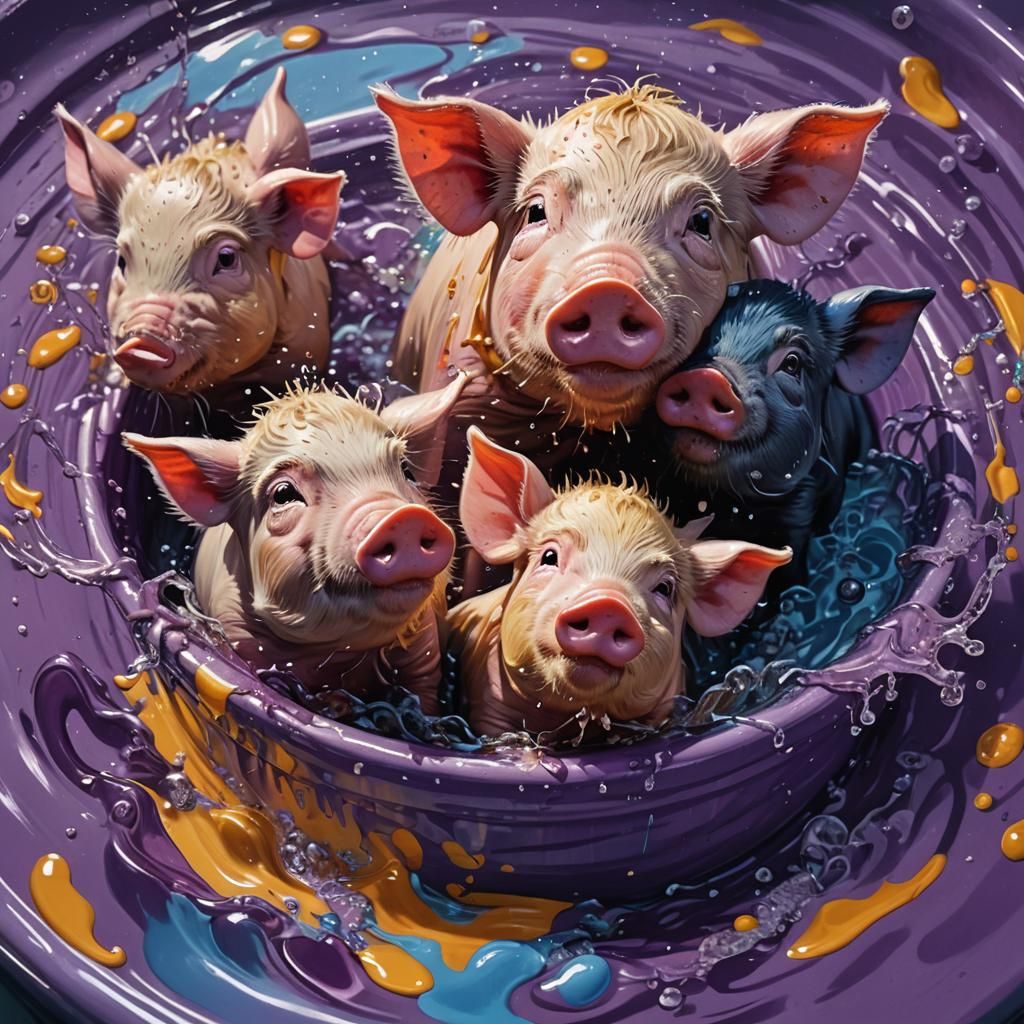 Hyperrealistic Pigs Splashing in a Tub