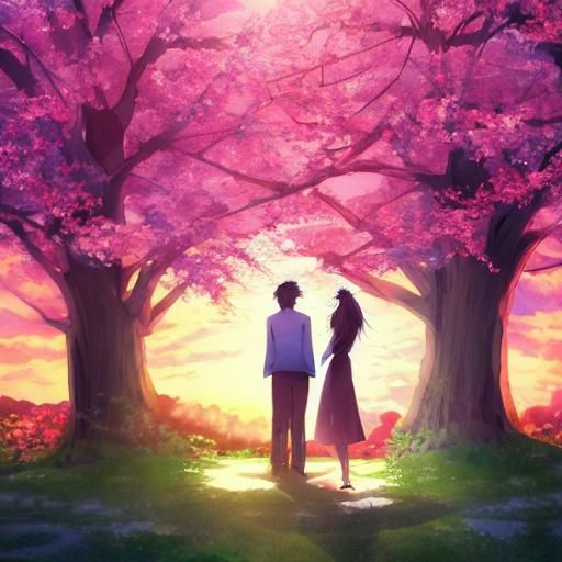 Romantic Couples in Anime-Style Landscape with Blossoms