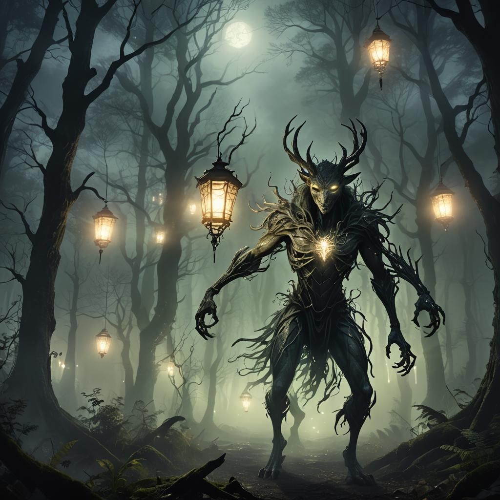 Ethereal Hybrid Creature Emerges from Dark Forest