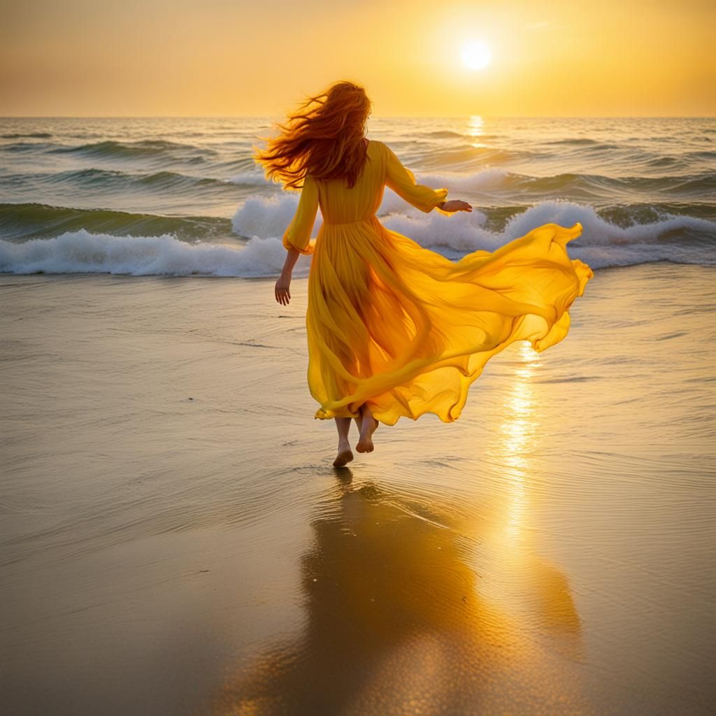 Woman with Red Hair Walking on Beach at Sunrise