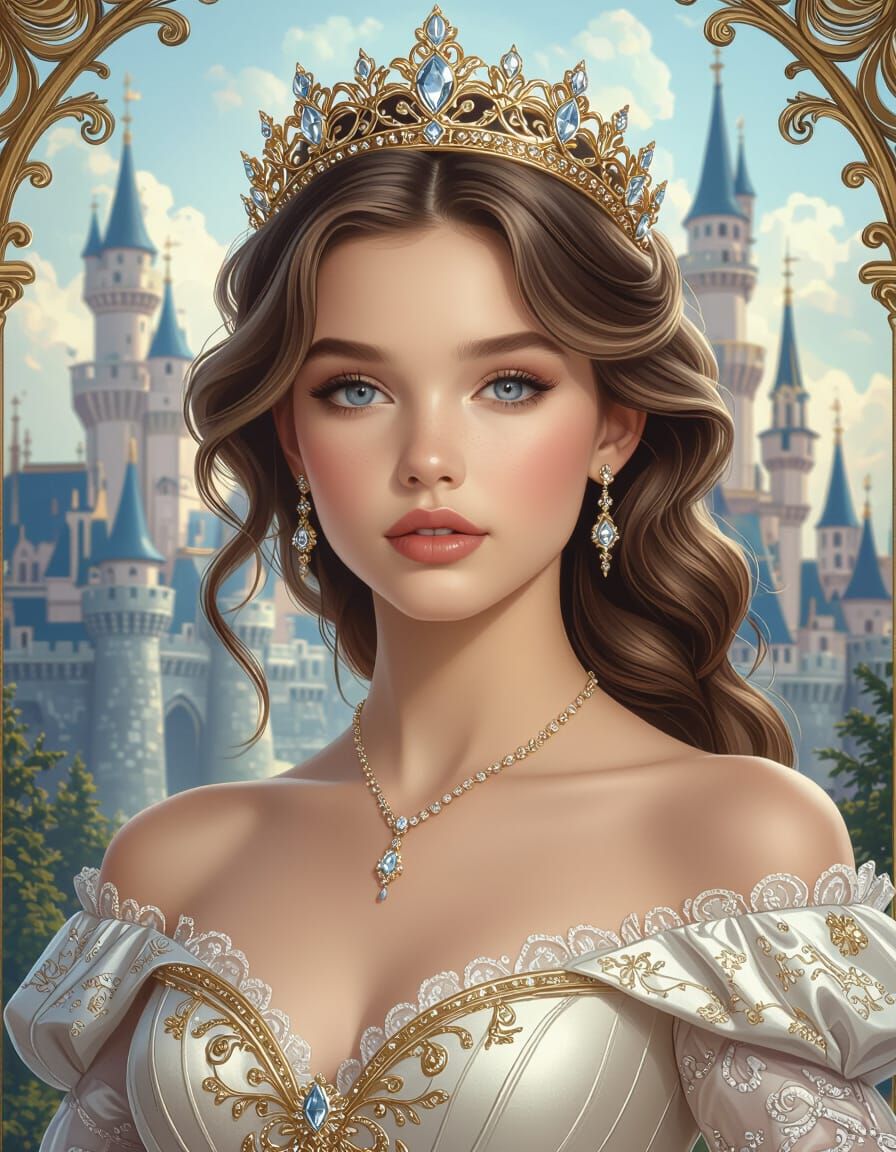 Girl with Crown and Voluminous Dress Before Fantasy Castle