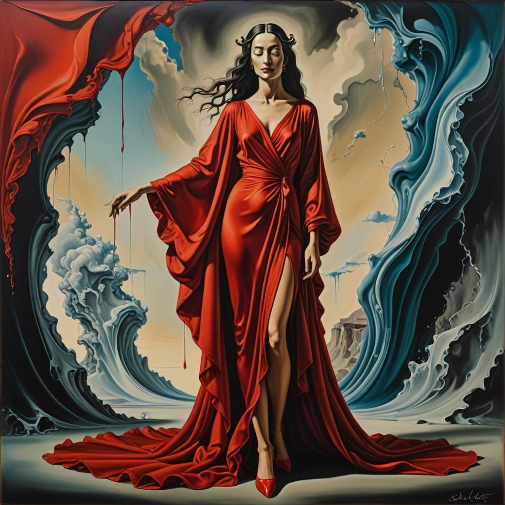 Silk flowing Red dress lady
