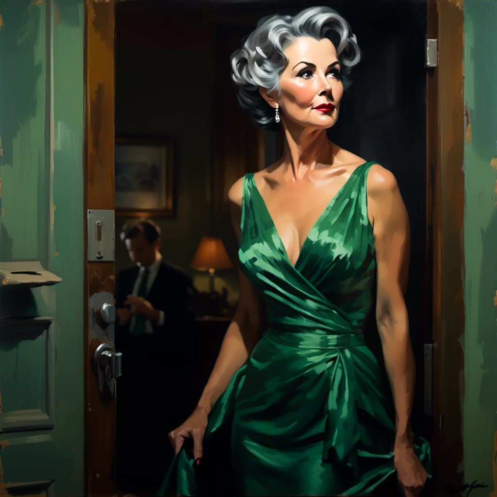 Elegant Woman in Green Gown: Film Noir Portrait