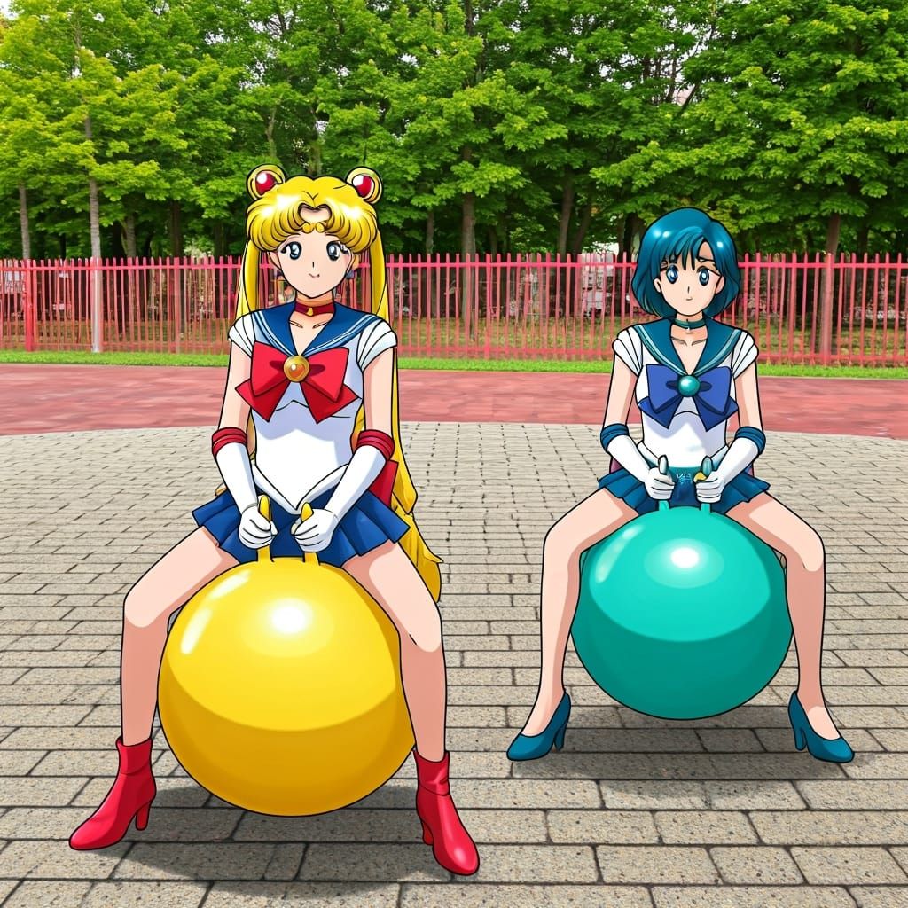 Sailor Moon and Mercury Bouncing on Hopper Balls
