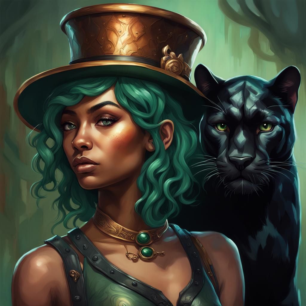Elf with Panther in Top Hat: Hyperrealistic Portrait