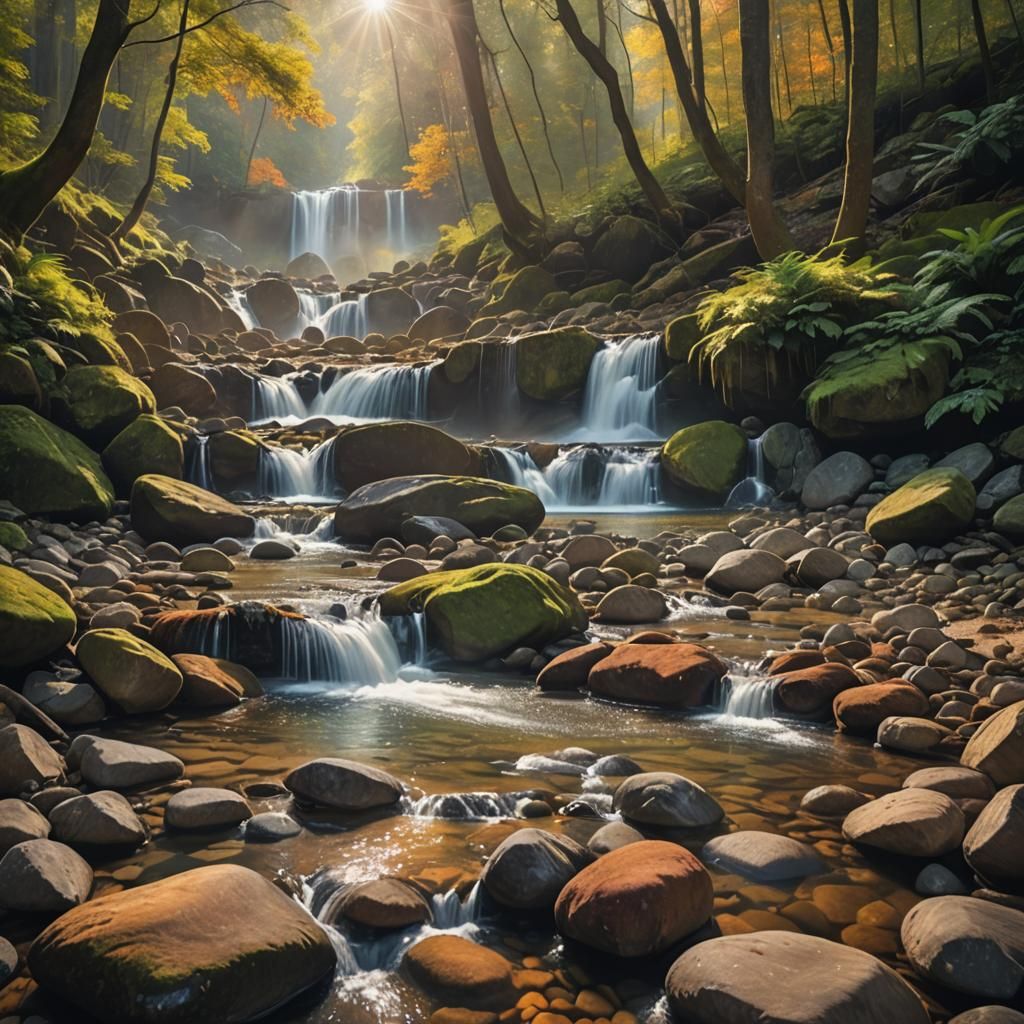 Rainbow Rocks and Waterfall in Lush Forest