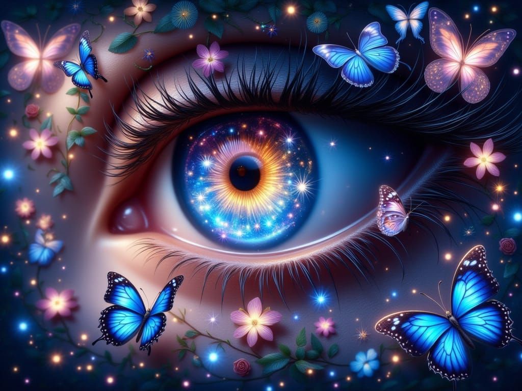 Surrealistic Dreamscapes: Human Eye Amidst Iridescent Butter...