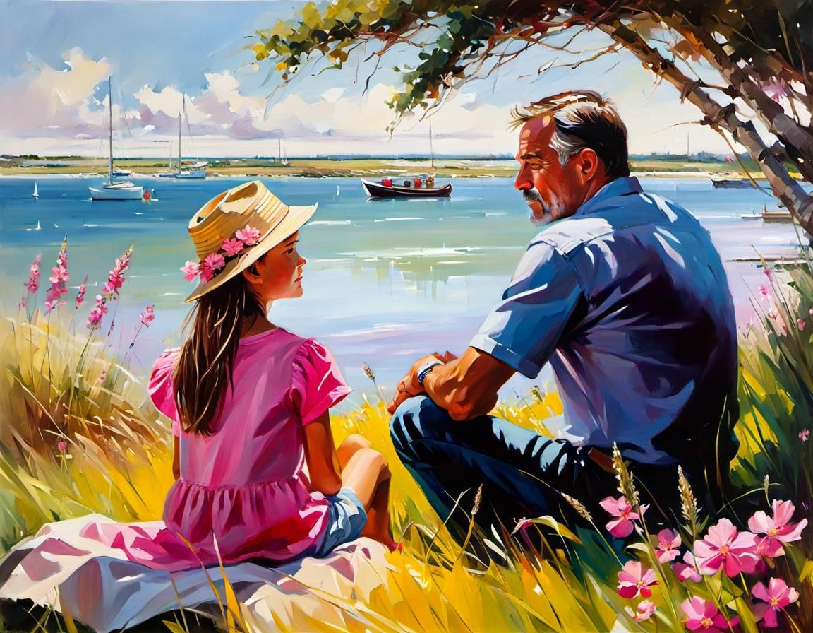 Father and Daughter Shoreline Oil Painting