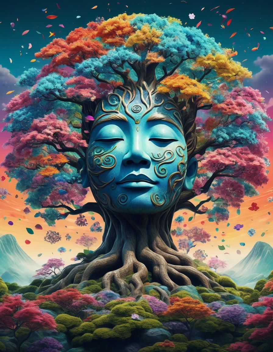 Fantastical Tree with Human Face: 3D Rendered Poster