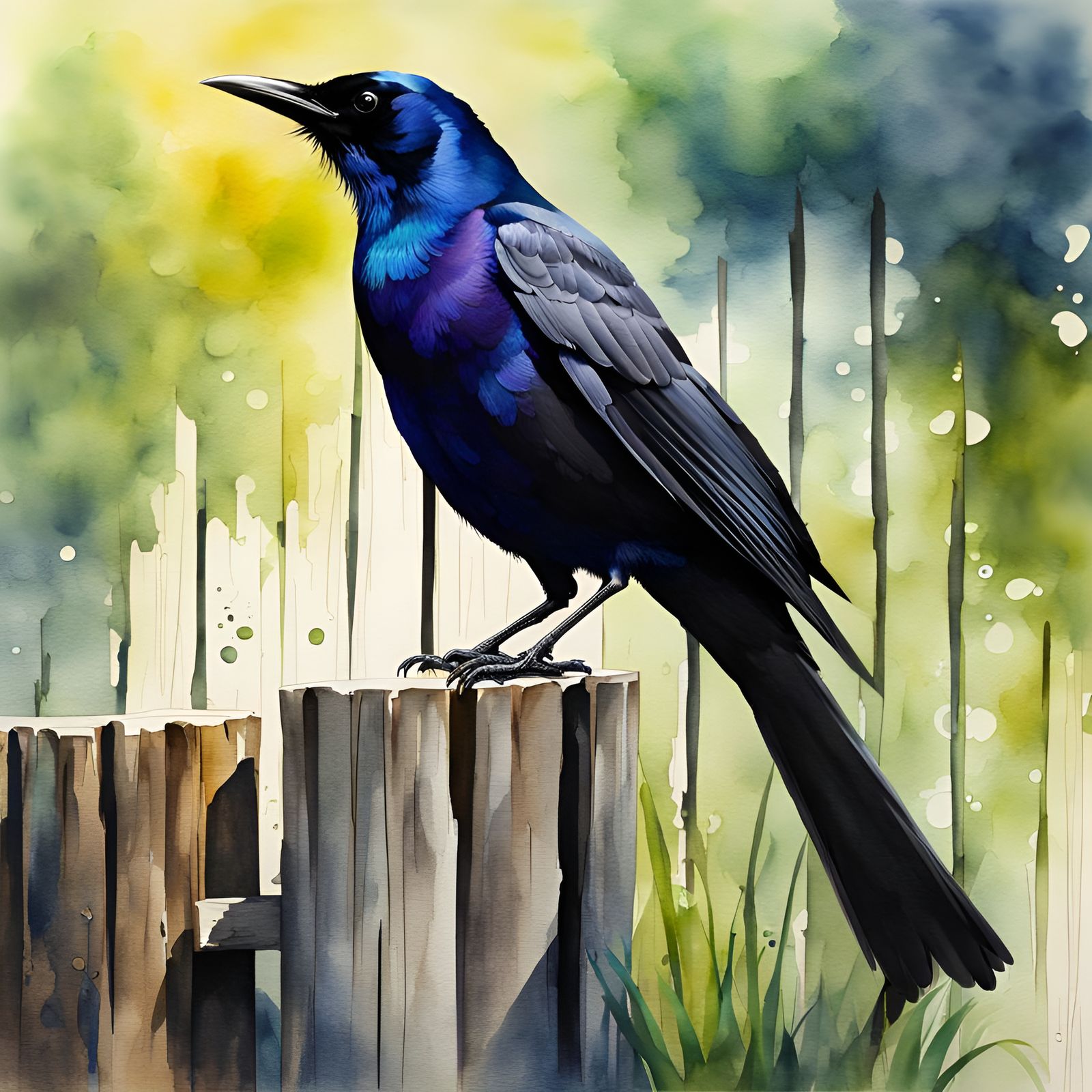 Grackle on Log Fence in Watercolor Style