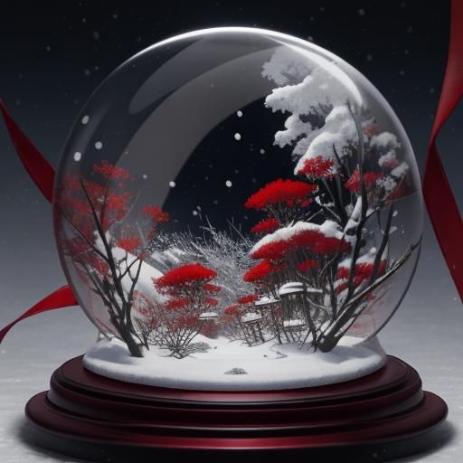 Anime Snow Globe with Red Ribbon and Flowers