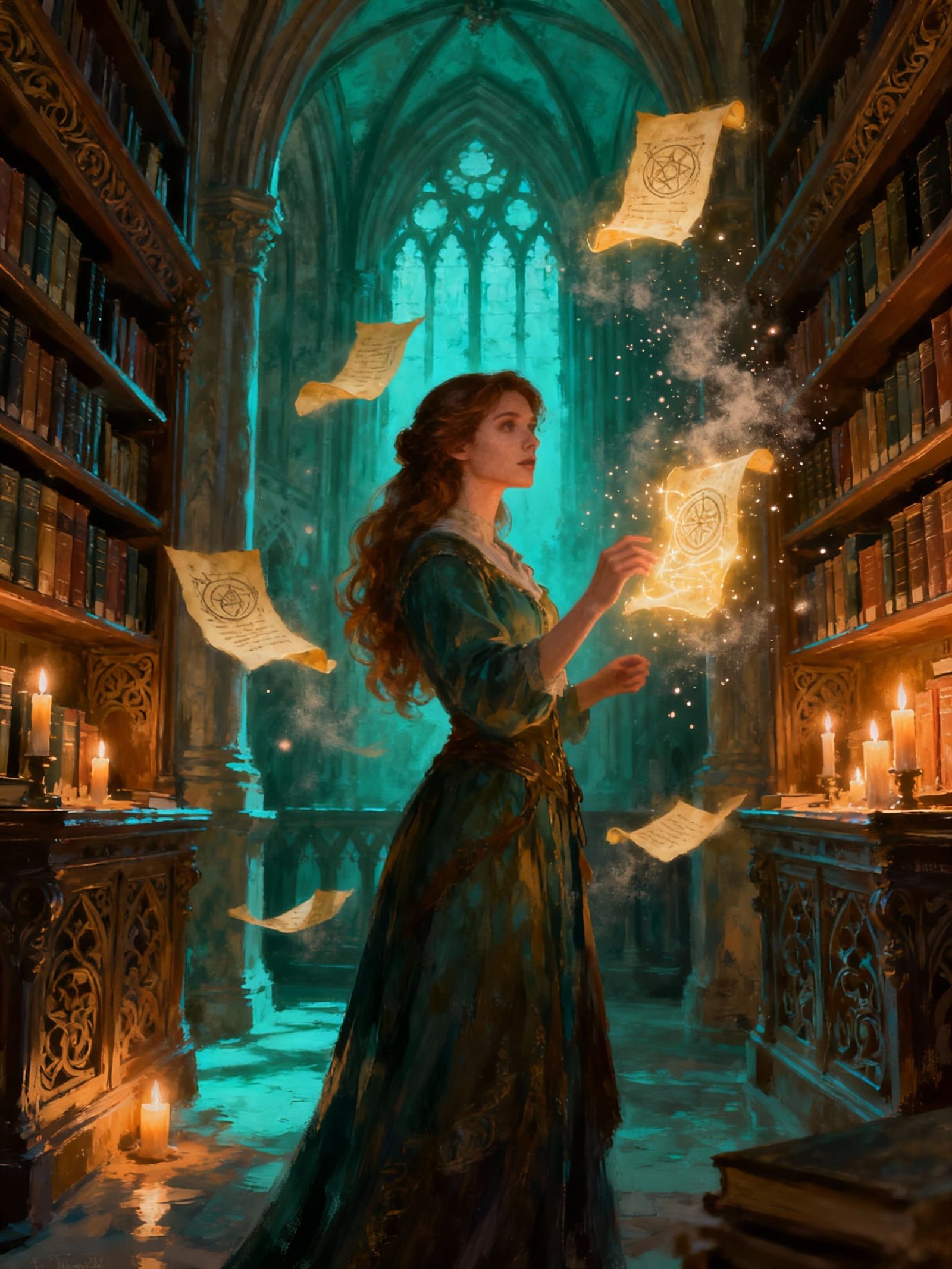Magical Archivist in Cathedral Library with Glowing Spells