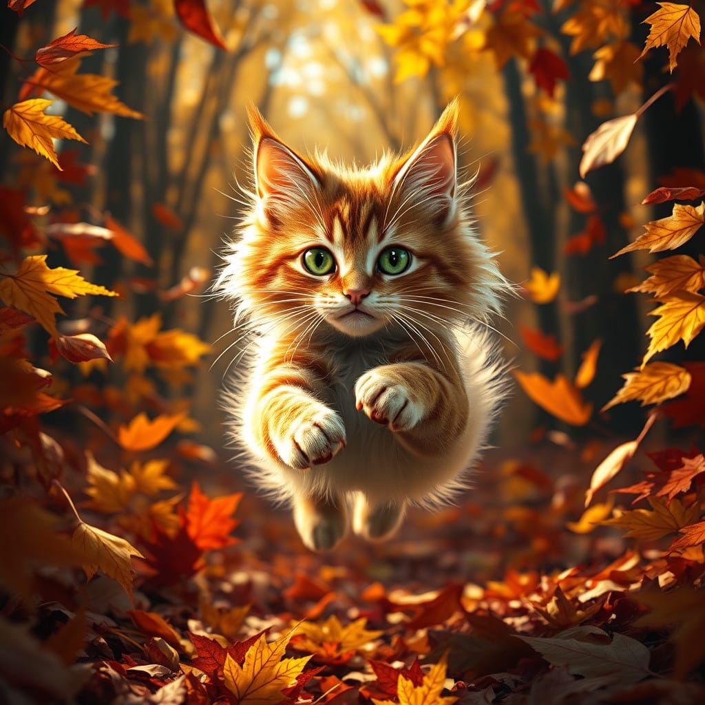 Majestic Whimsical Kitty Among Golden Fall Leaves