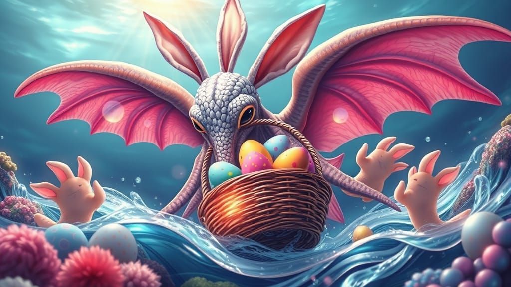 Cthulhu Celebrates Easter in Whimsical Oceanic Scene