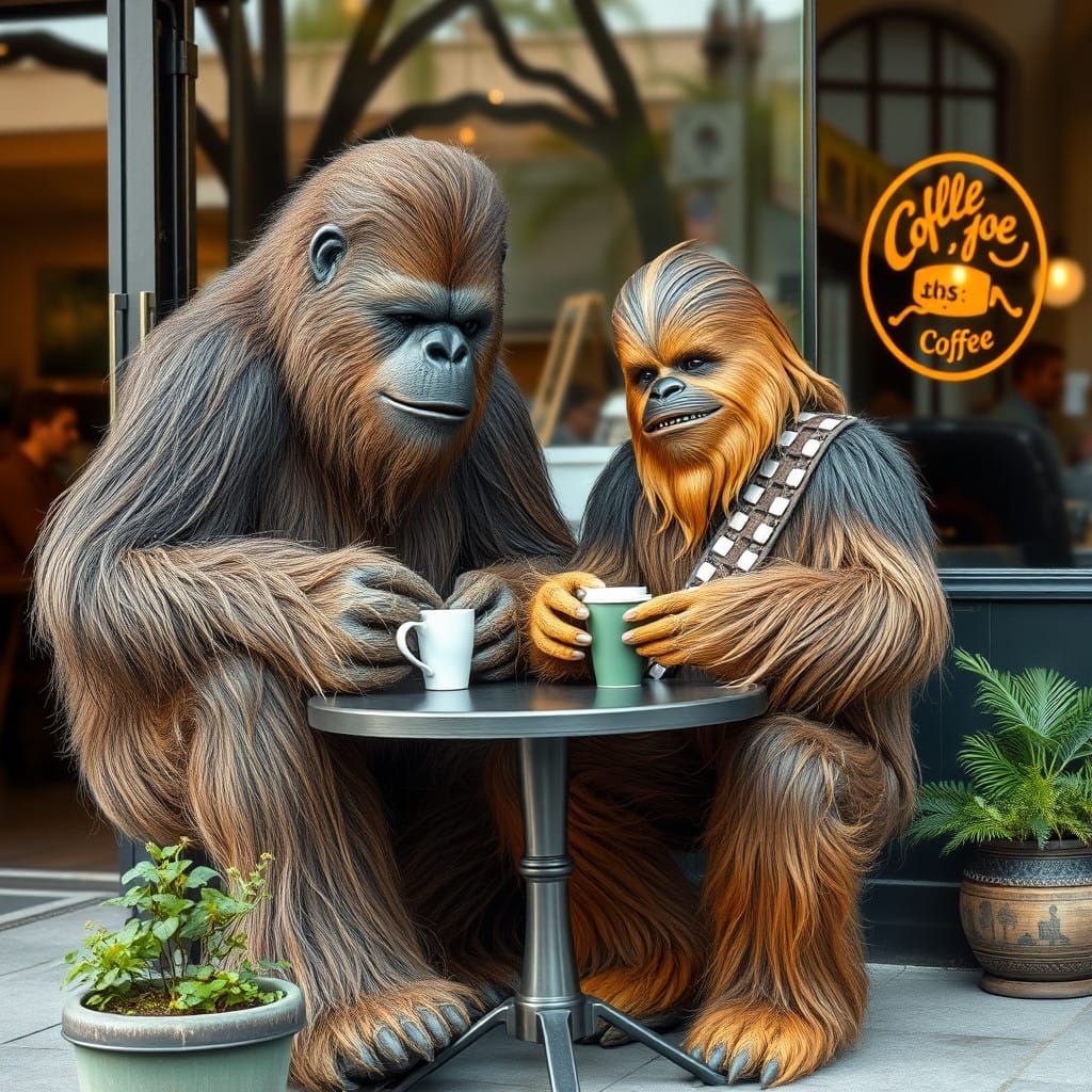Furry Friends Meet for Coffee in a Sunny Cafe Scene