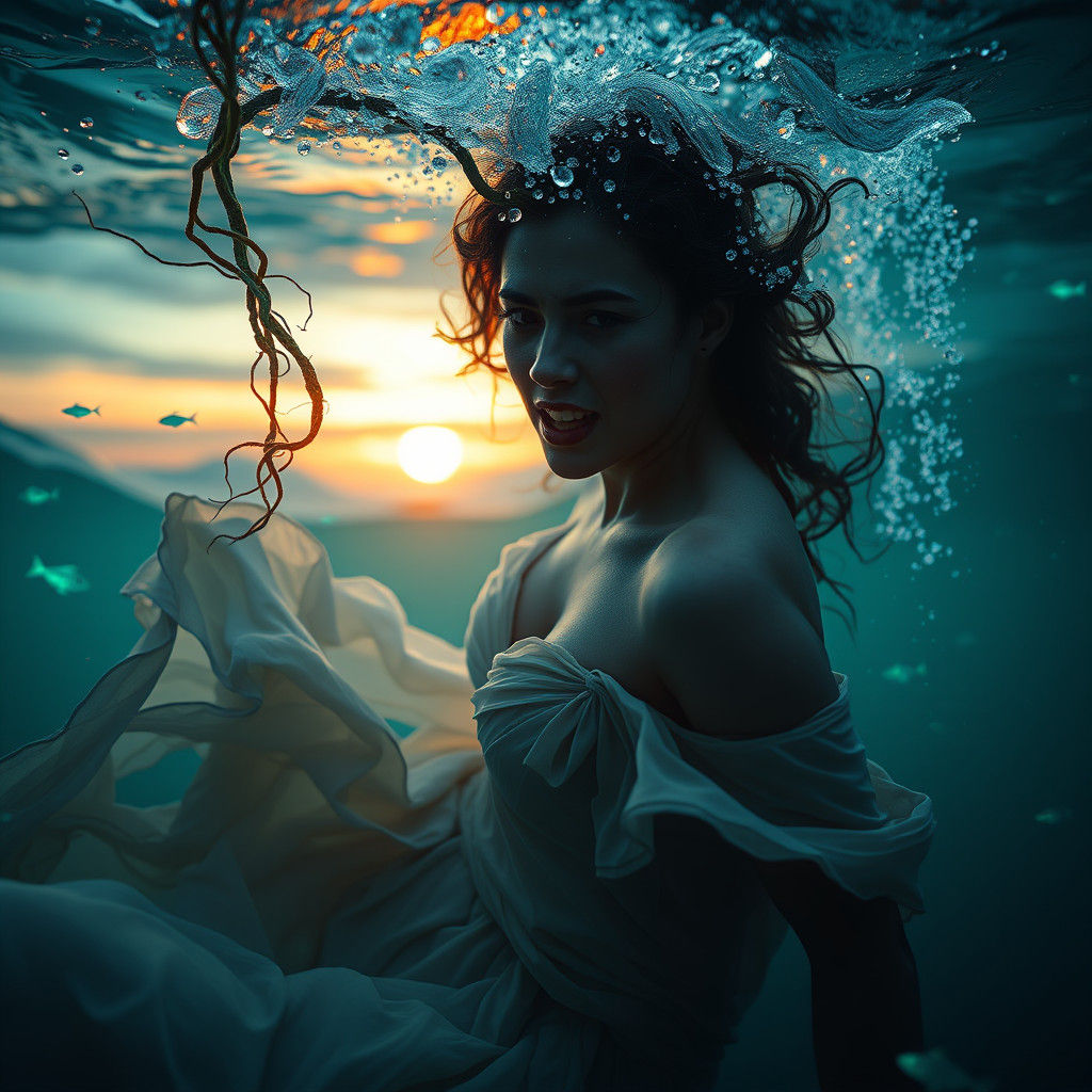 Underwater Plea: Woman Submerged in Bioluminescent Ocean