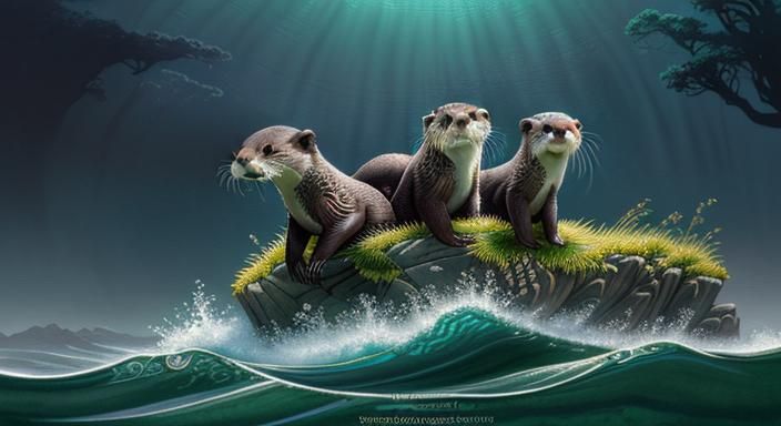 An Otter and baby Otters in their natural habitat, watercolour, vivid, vibrant, intricate detail, 16k resolution, Epic c...