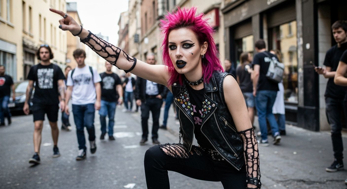 Punk Girl in Chaotic Street Scene with Bold Makeup