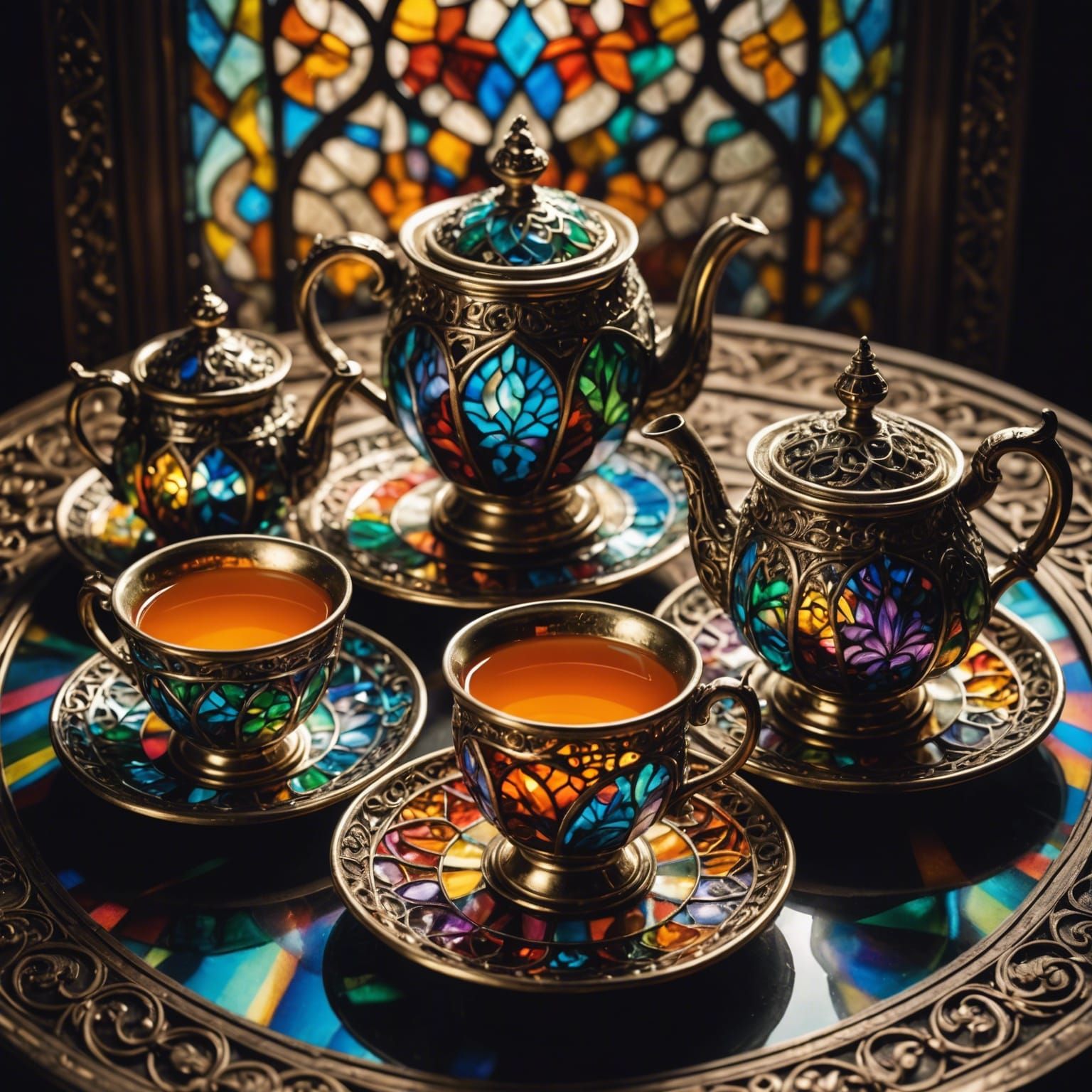 A stained glass tea set