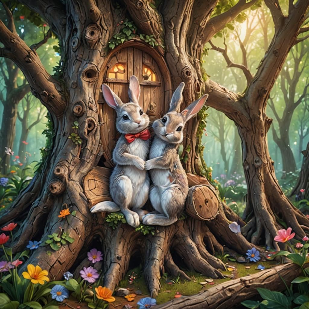 Loving Rabbits in Fairy Forest Treehouse