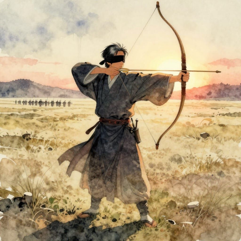 Blindfolded Archer Faces Approaching Army in Watercolor Styl...