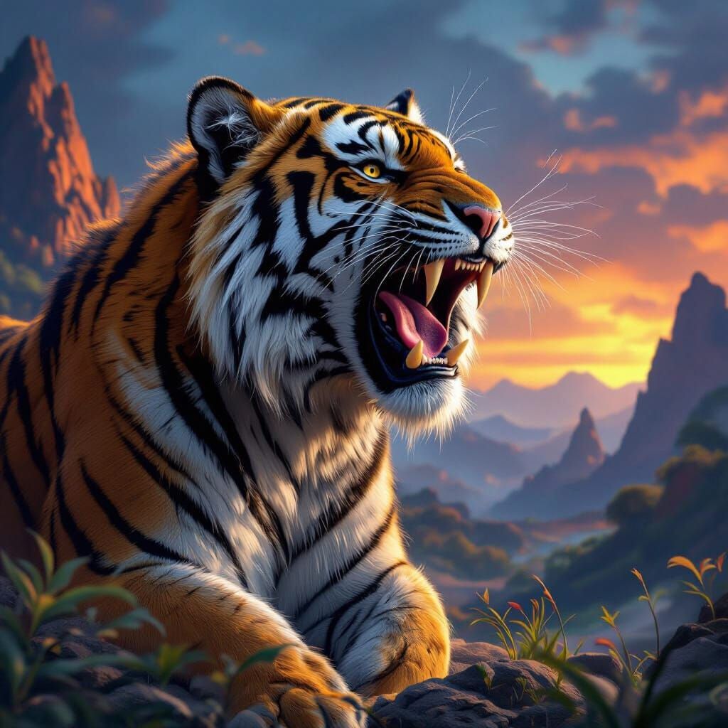 Majestic Tiger Roaring in Fantastical Landscape