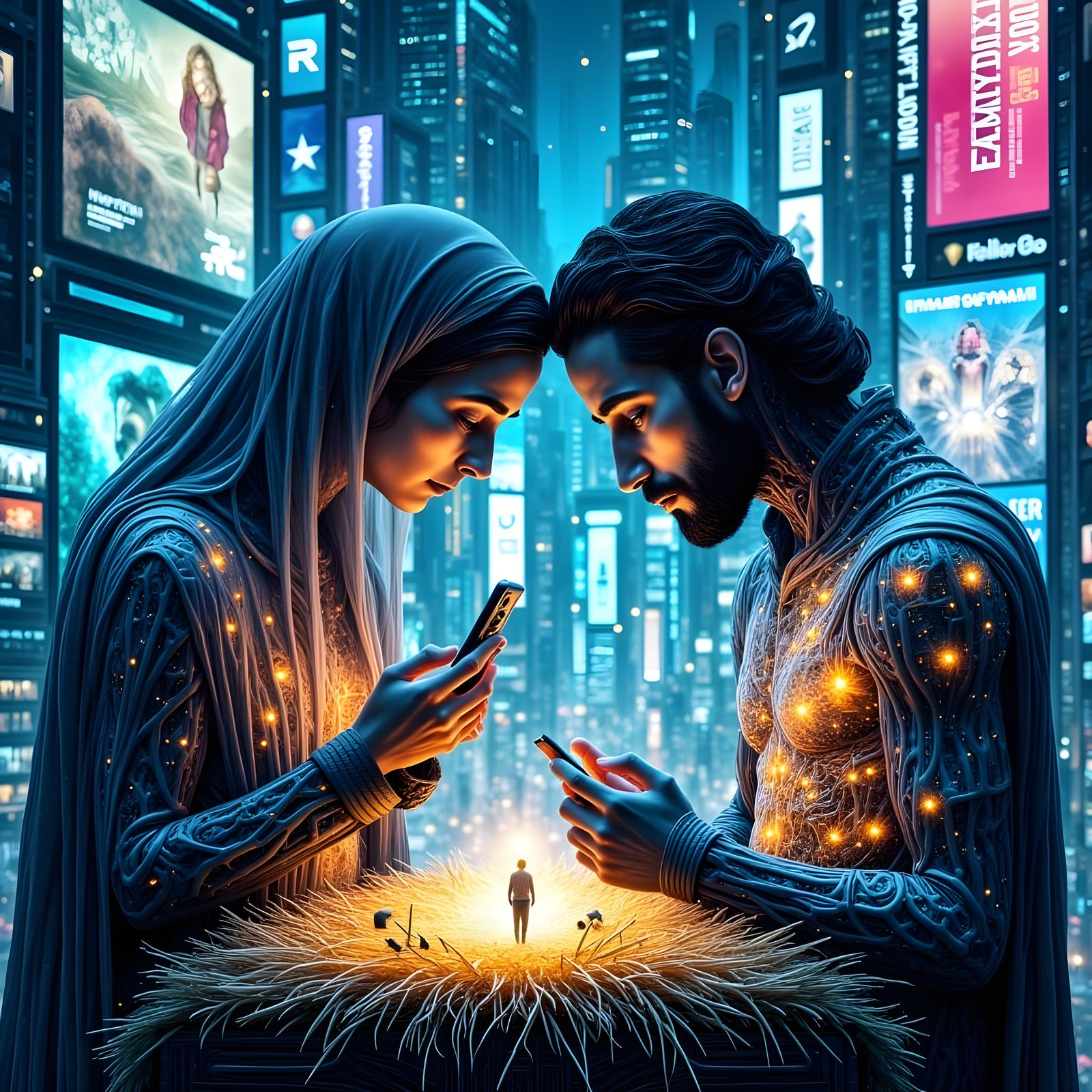 Loving Couple Gaze at Jesus in Futuristic, Neon City