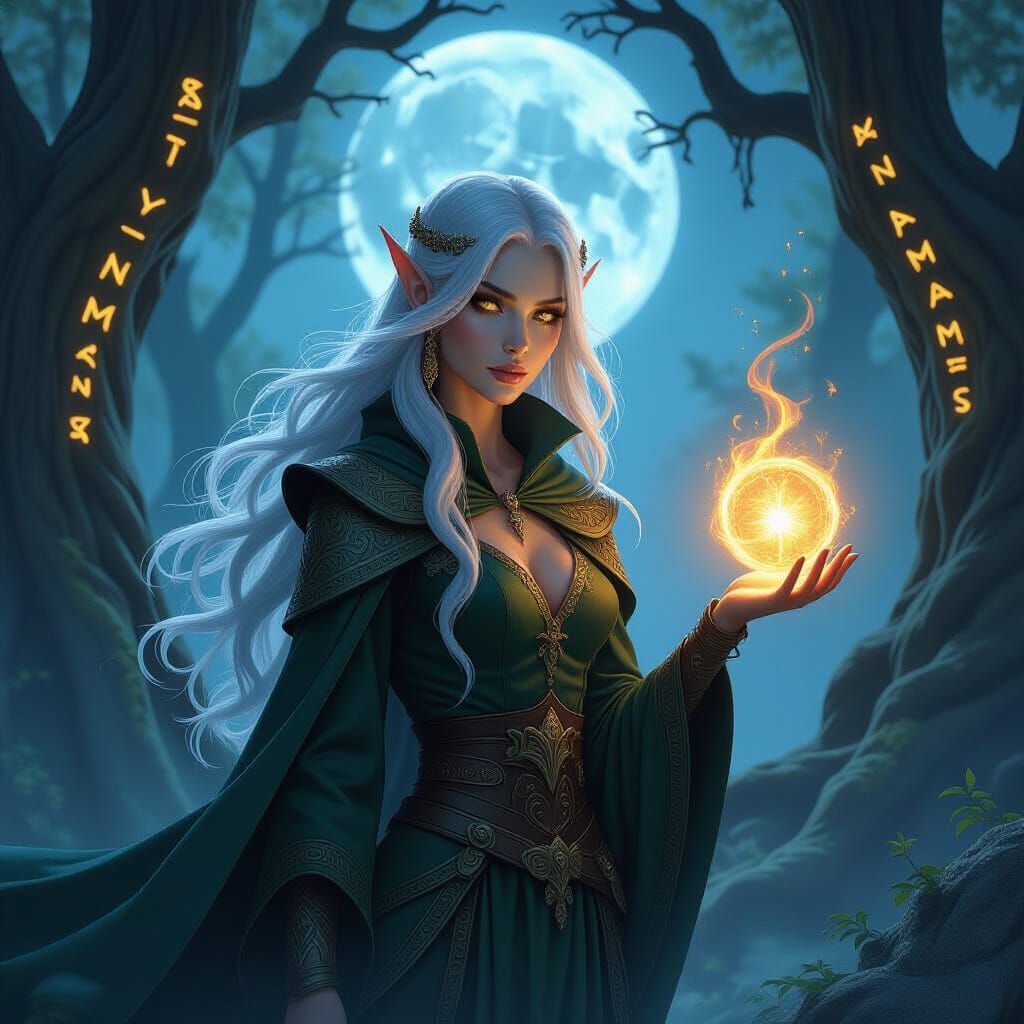 Elven Sorceress Conjuring Celestial Energy in Moonlit Cleari...