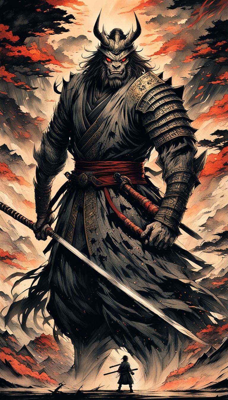 Samurai Confronts Giant Beast in Manga Style