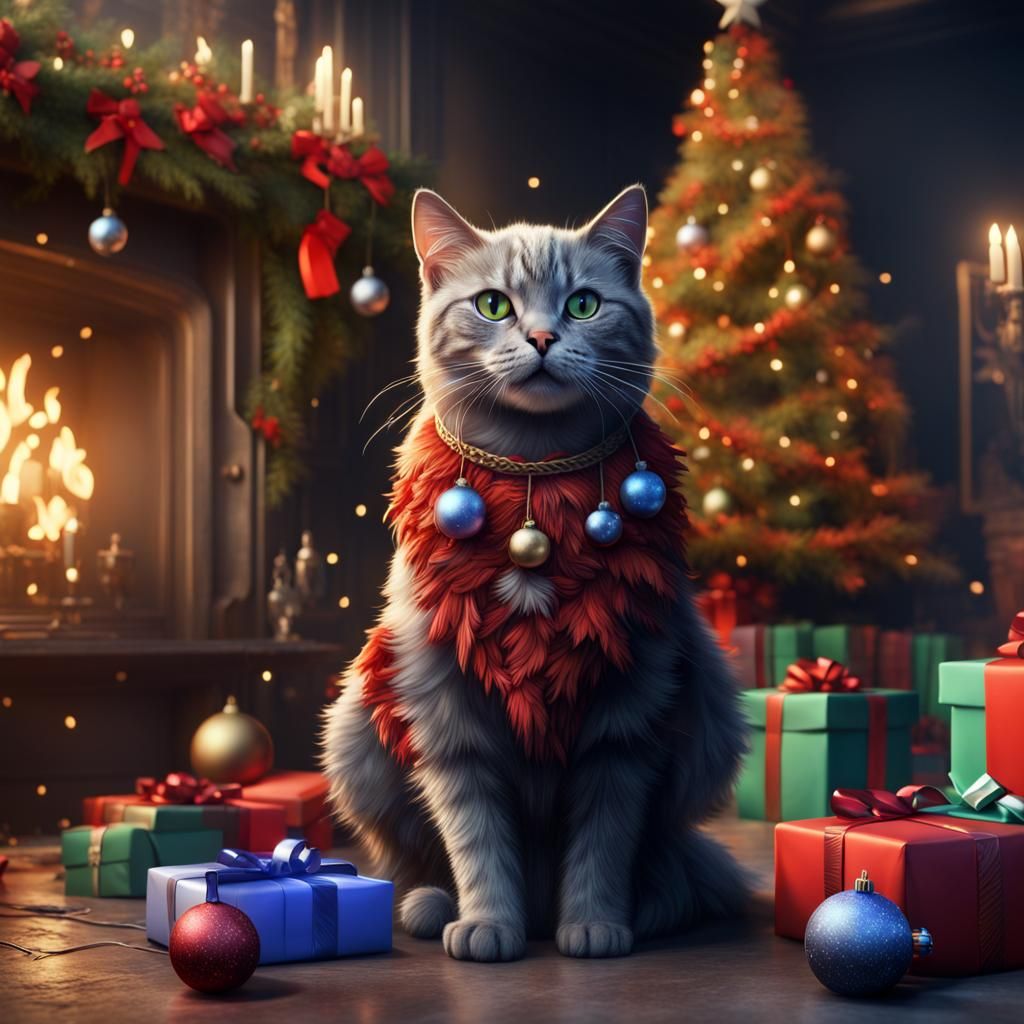 Festive Christmas Cat in Detailed Digital Painting
