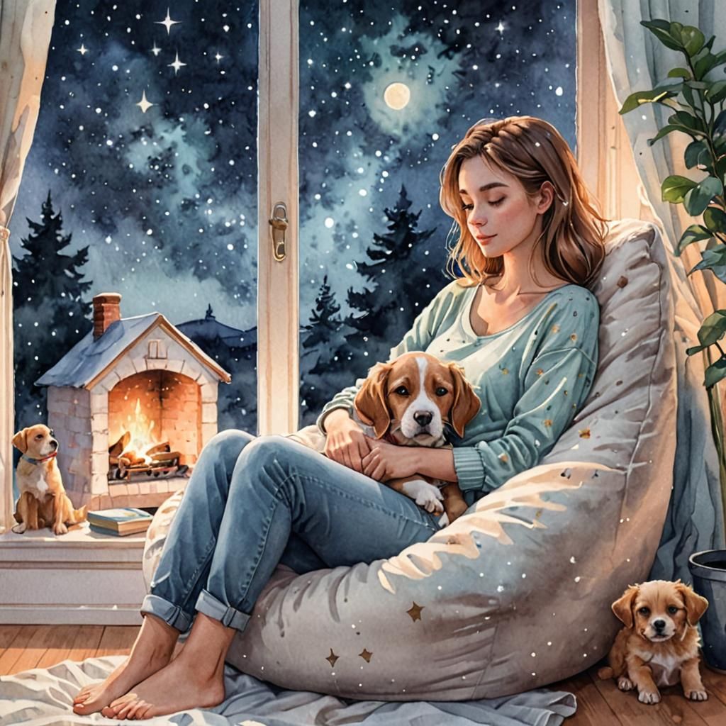 Cozy Watercolor: Woman, Puppy, and Stargazing