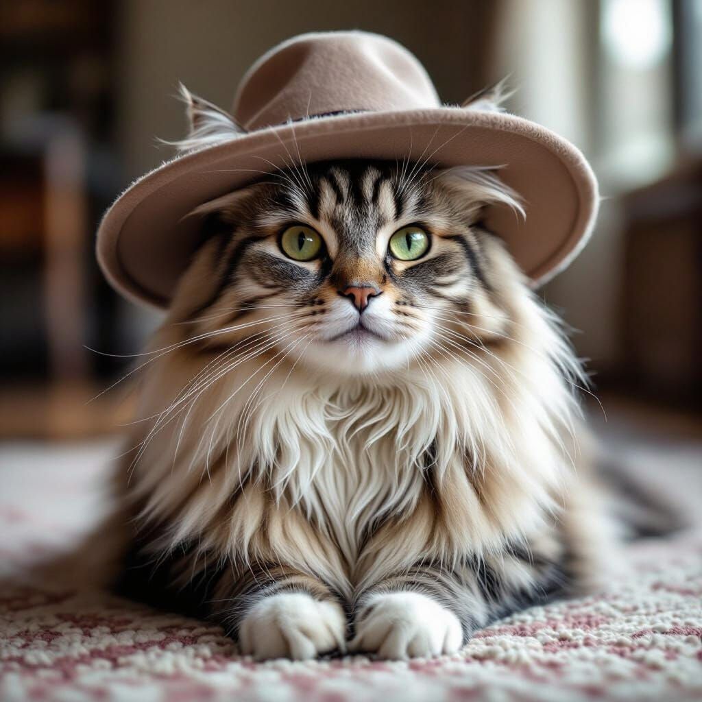 Majestic Cat in Munro Hat Poses on Textured Mat