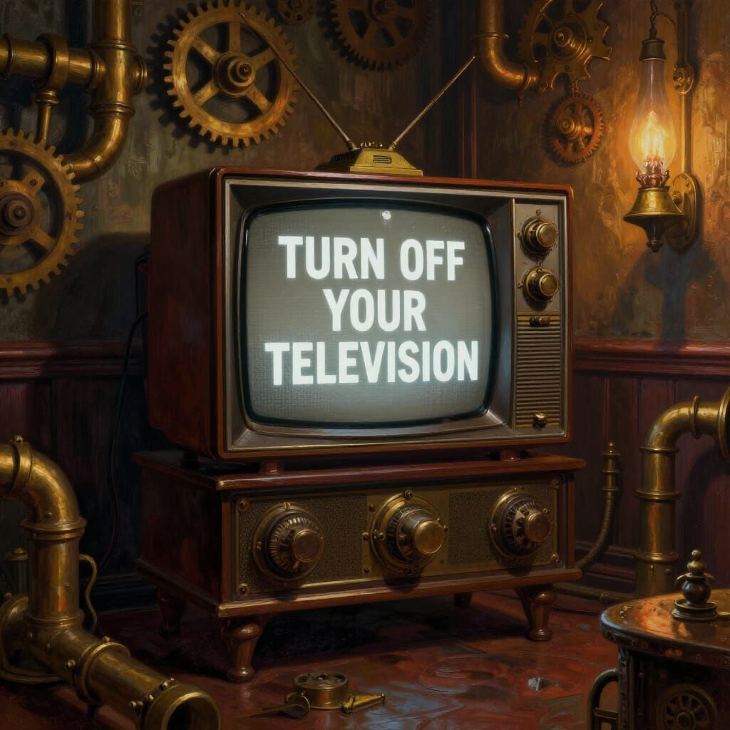 Steampunk Parlor with Vintage TV Displaying Message