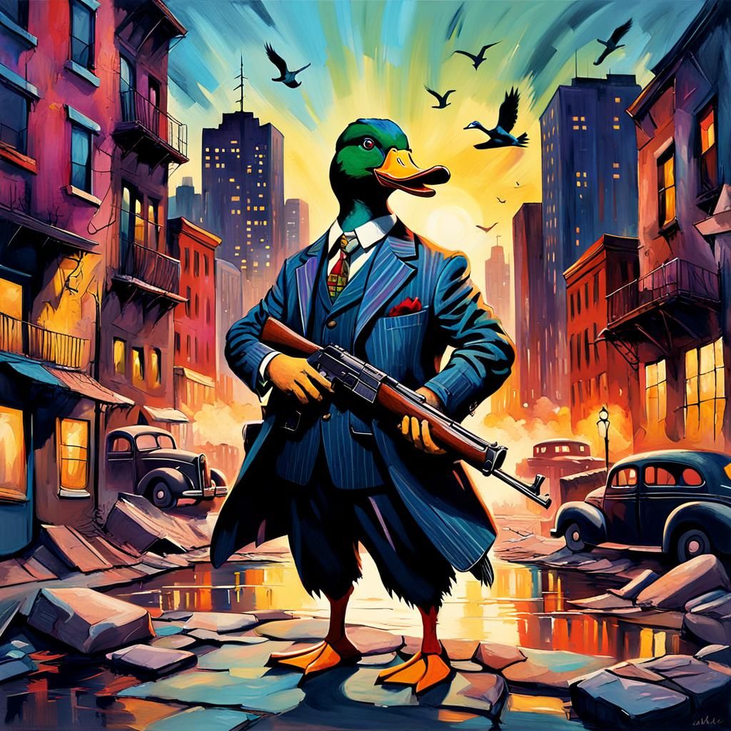 Gangster Duck in Cityscape: Abstract Expressionism