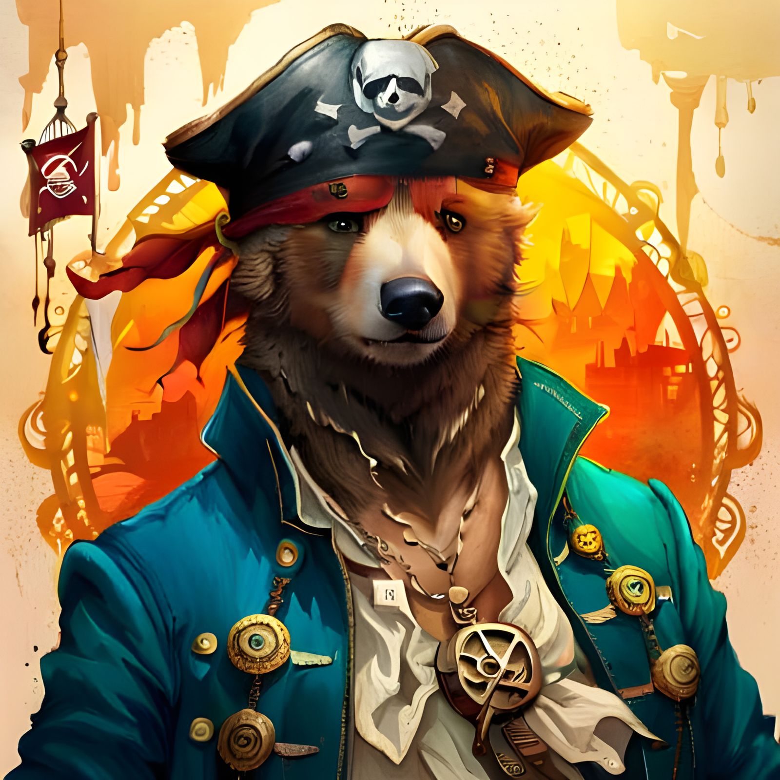 Joyful Pirate Bear Portrait in Whimsical Style