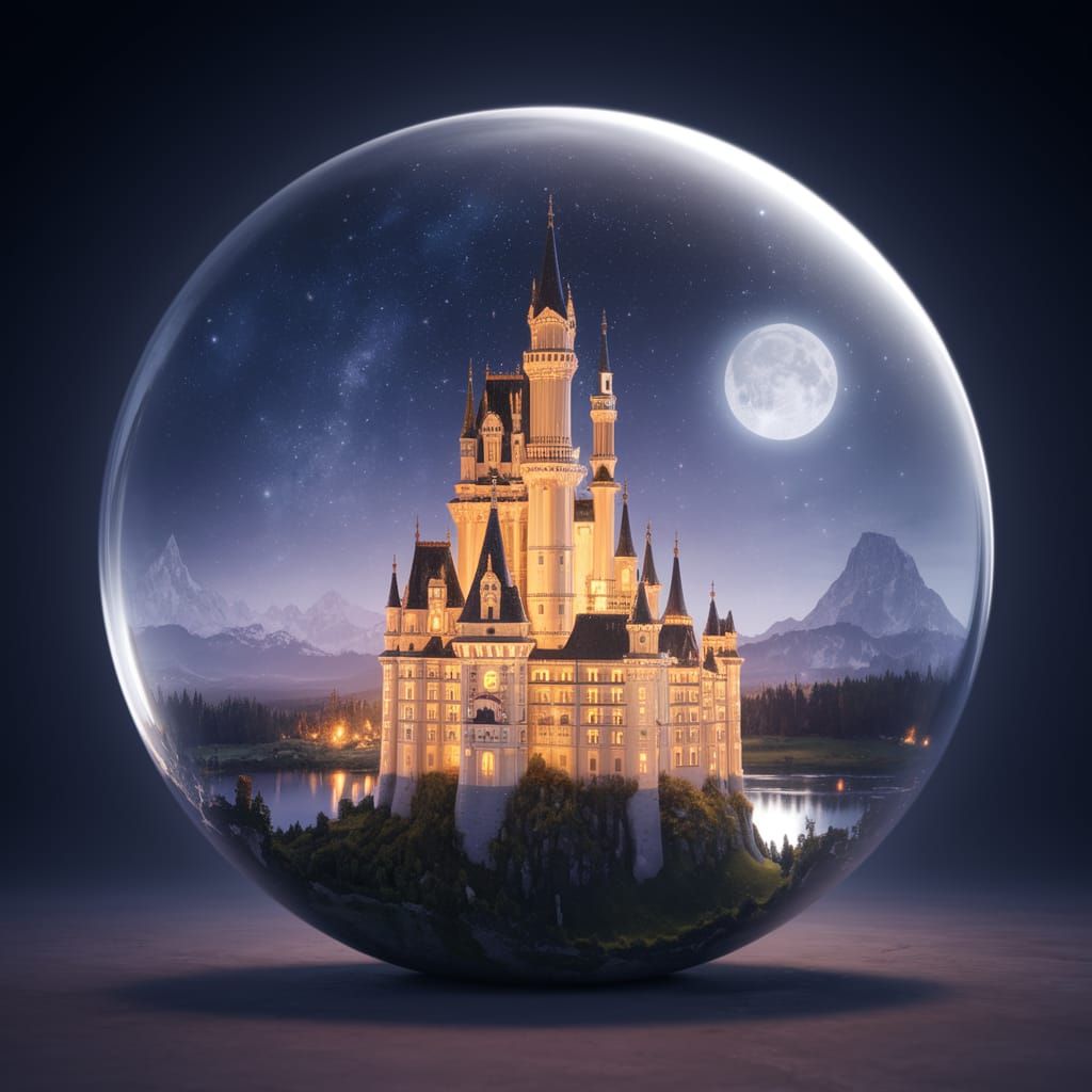 Majestic Castle Glows Within Glass Sphere at Night