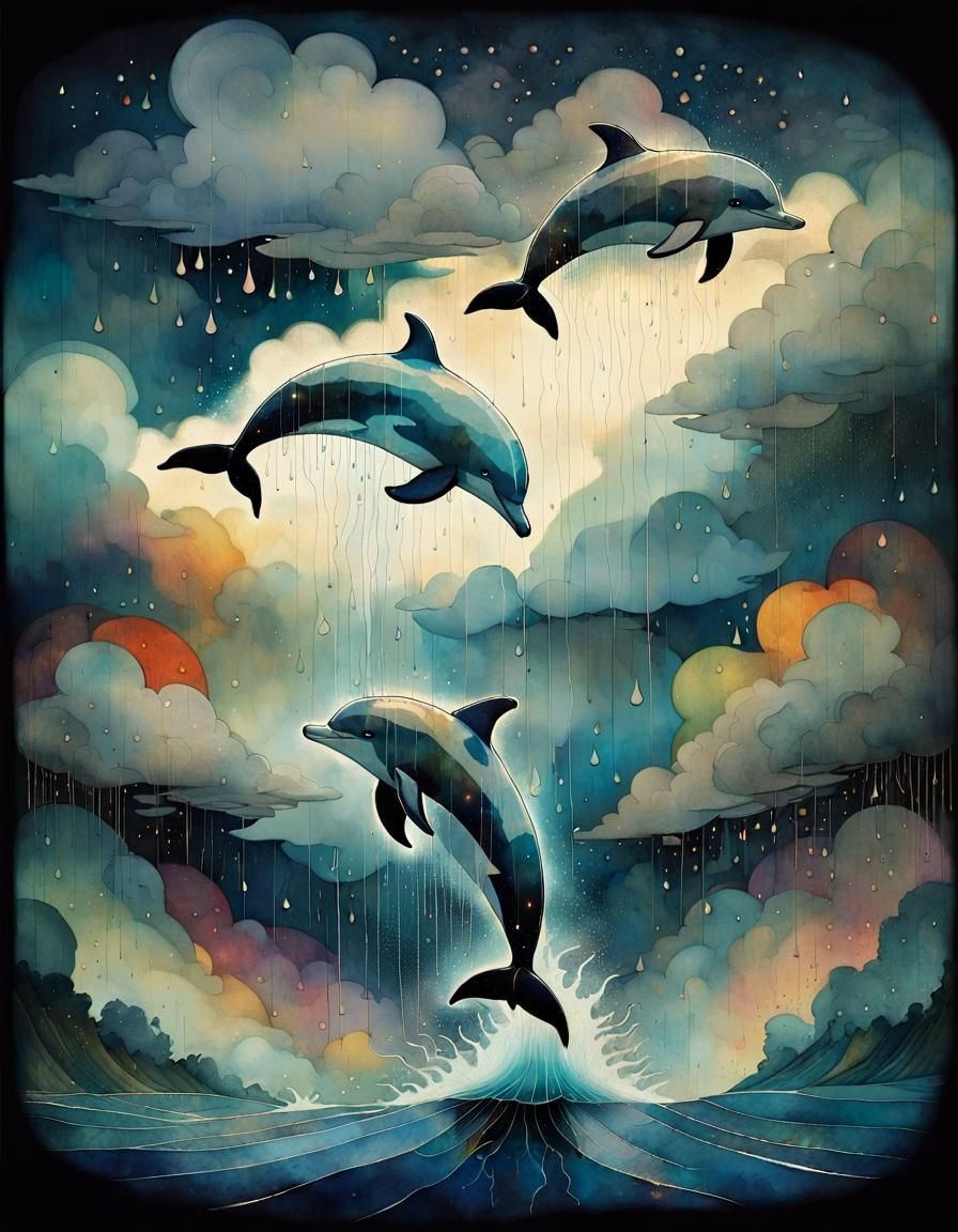 Dolphins Dancing Under a Starry, Surreal Sky